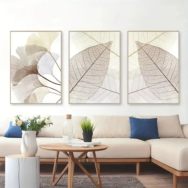Sett med 3 stk Moderne Botaniske Bladleder Veggkunst Fin Kunst Lerretutskrifter Enkle Neutrale Toner Bilder For Stue Skandinavisk Stil Boliginnredning | Skanto