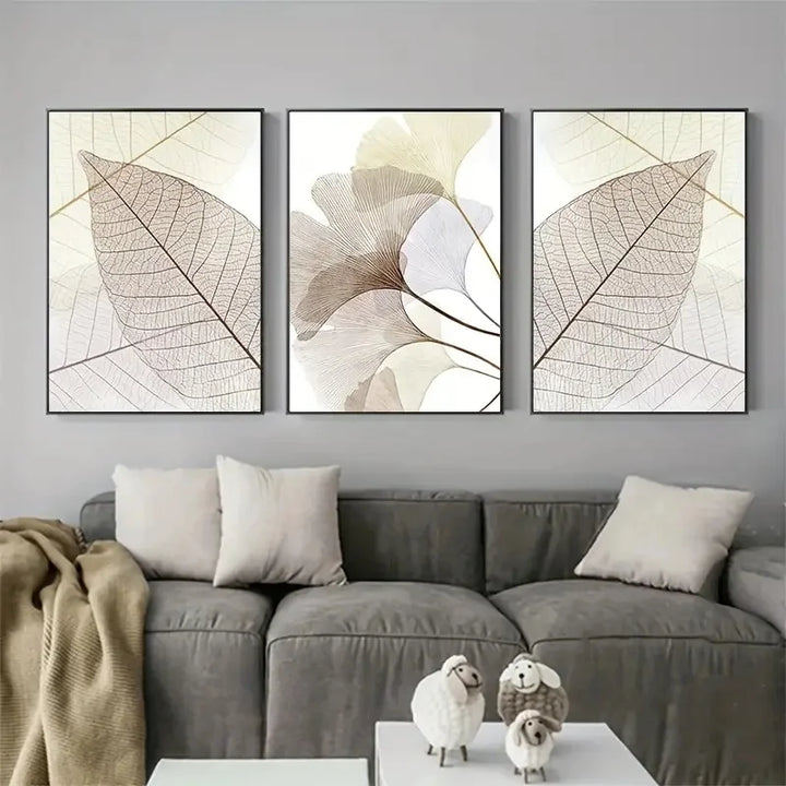Sett med 3 stk Moderne Botaniske Bladleder Veggkunst Fin Kunst Lerretutskrifter Enkle Neutrale Toner Bilder For Stue Skandinavisk Stil Boliginnredning | Skanto