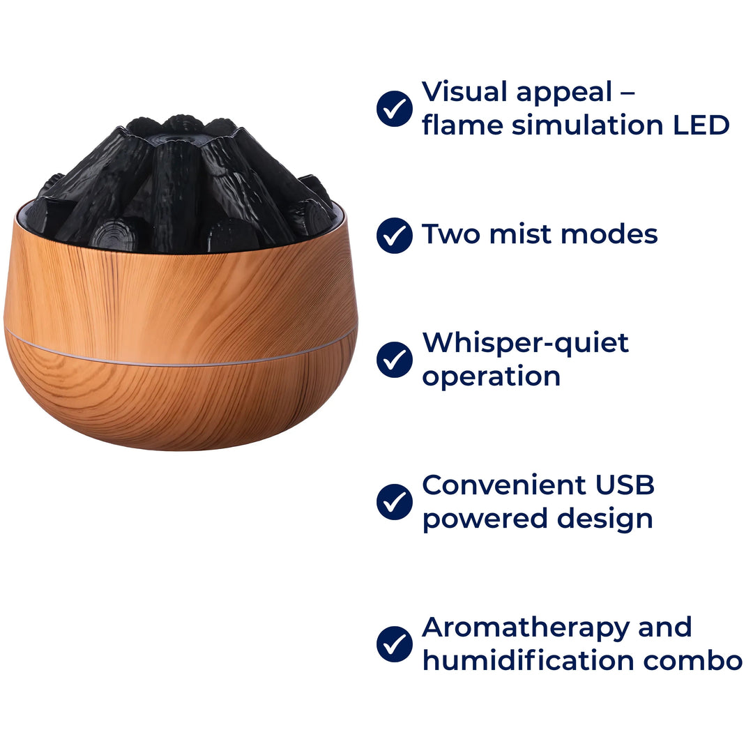 FlameMist | Aromaterapi Duft diffusor – Flamme LED – To Tåke Modus – Stille USB Design – Hjem Relaxasjon Bolleheis