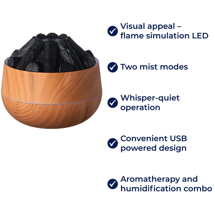 FlameMist | Aromaterapi Duft diffusor – Flamme LED – To Tåke Modus – Stille USB Design – Hjem Relaxasjon Bolleheis