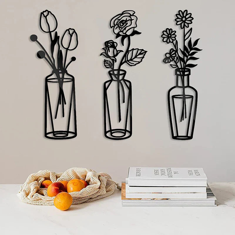 Blomster i en vase Svart metall veggkunst 3D skulpturert jernkunst veggdekorasjoner for stue spisestue Kreativ nordisk interiørdesign | Skanto