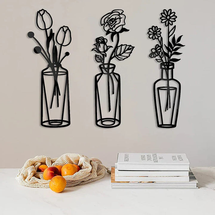 Blomster i en vase Svart metall veggkunst 3D skulpturert jernkunst veggdekorasjoner for stue spisestue Kreativ nordisk interiørdesign | Skanto