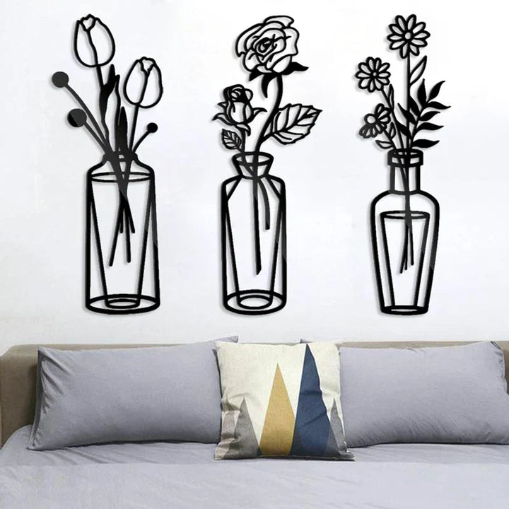 Blomster i en vase Svart metall veggkunst 3D skulpturert jernkunst veggdekorasjoner for stue spisestue Kreativ nordisk interiørdesign | Skanto
