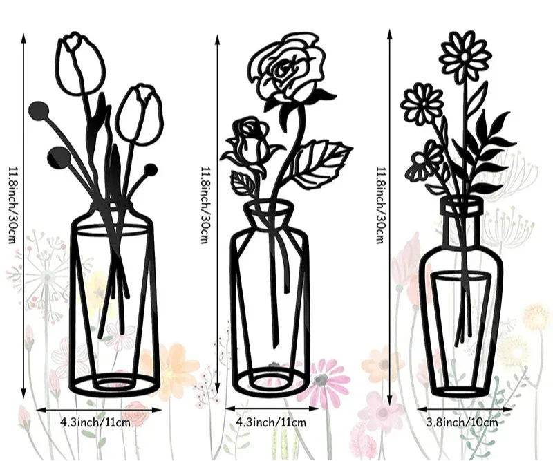Blomster i en vase Svart metall veggkunst 3D skulpturert jernkunst veggdekorasjoner for stue spisestue Kreativ nordisk interiørdesign | Skanto