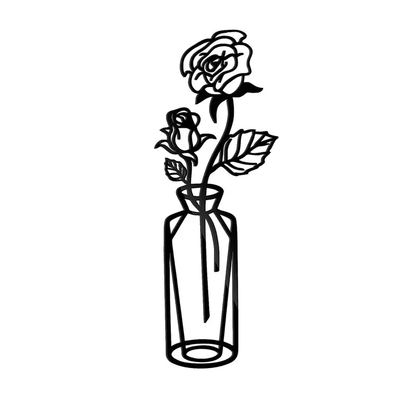 Blomster i en vase Svart metall veggkunst 3D skulpturert jernkunst veggdekorasjoner for stue spisestue Kreativ nordisk interiørdesign | Skanto