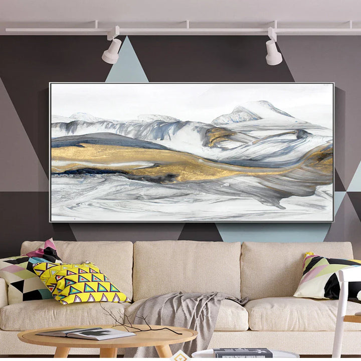 Flytende Abstrakt Gylden Snøfjell Landskap Veggkunst Fine Art Lerretsprint Bilde For Moderne Stue Kunst Over Sofaen | Skanto