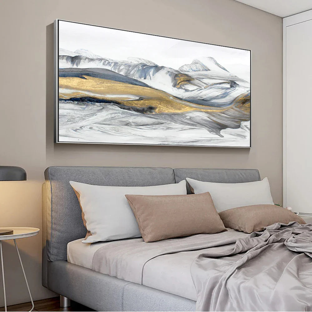 Flytende Abstrakt Gylden Snøfjell Landskap Veggkunst Fine Art Lerretsprint Bilde For Moderne Stue Kunst Over Sofaen | Skanto
