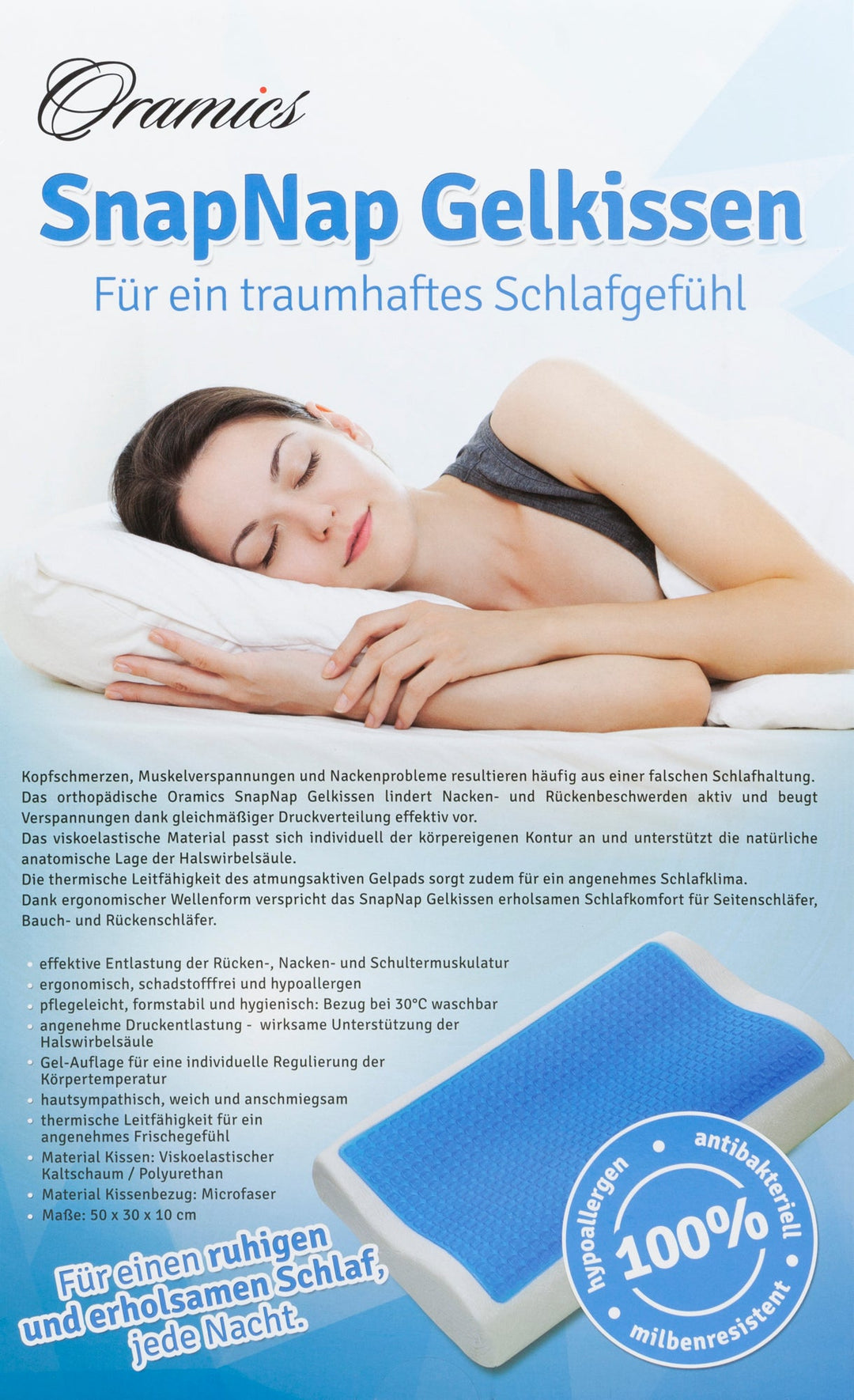 SNAPNAP Gel skumpute med hodeutsparing + avkjølende gelputer, 50 x 30 cm, høyde 10 cm, ergonomisk og hypoallergenisk | Skanto