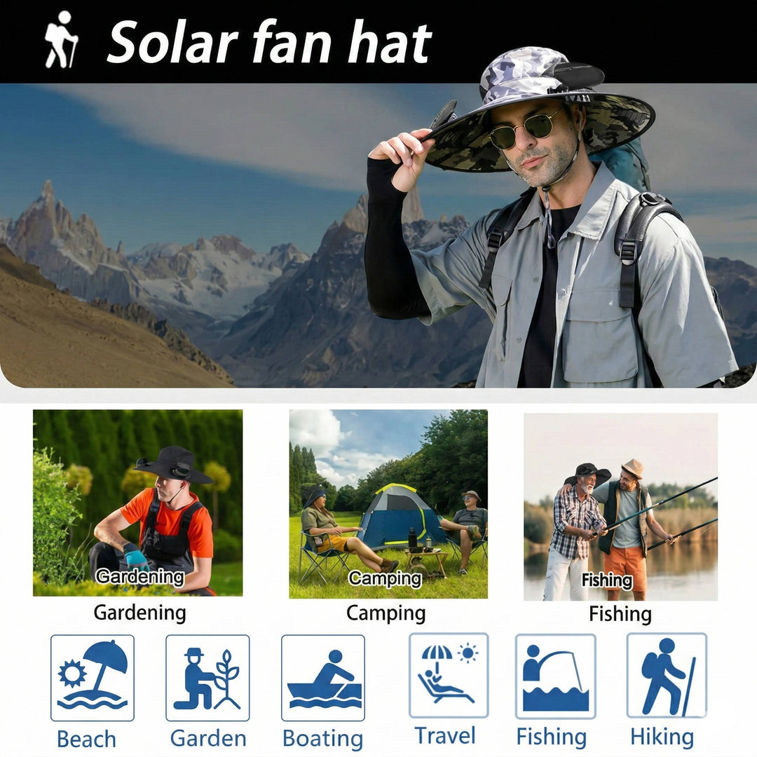 Utendørs bredbremmet solhatt med 2 solfans, UV-beskyttelse for menn og kvinner, avkjølende hatt for camping og fotturer | Skanto