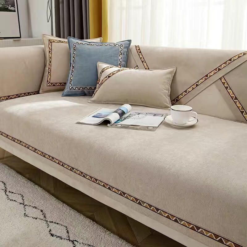 Geometrisk Dekor Solid Farge Chenille Ikke-Gli Sofa Trekk | Skanto