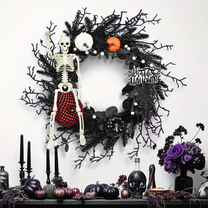 Skanto | Gotisk Skjelett Gresskar Halloween Krans for Dør – Skummel Dekor med Kunstige Gresskar og Uhyggelige Akenter