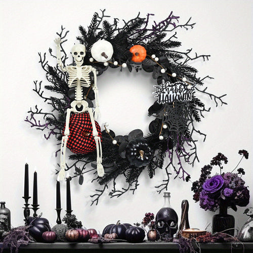 Skanto | Gotisk Skjelett Gresskar Halloween Krans for Dør – Skummel Dekor med Kunstige Gresskar og Uhyggelige Akenter