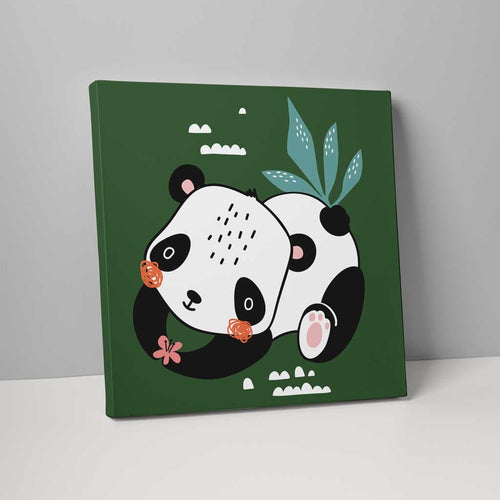 Boho Safari Jungelpanda Mørkegrønn, svart og hvitt på lerret