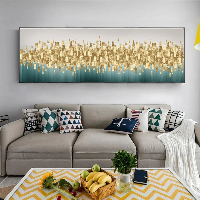 Grønn Gylden Abstrakt Bylandskap Veggkunst Fint Kunst Lærredstrykk Bilder for Over Sofaen Soverom Kunst for Over Sengen | Skanto