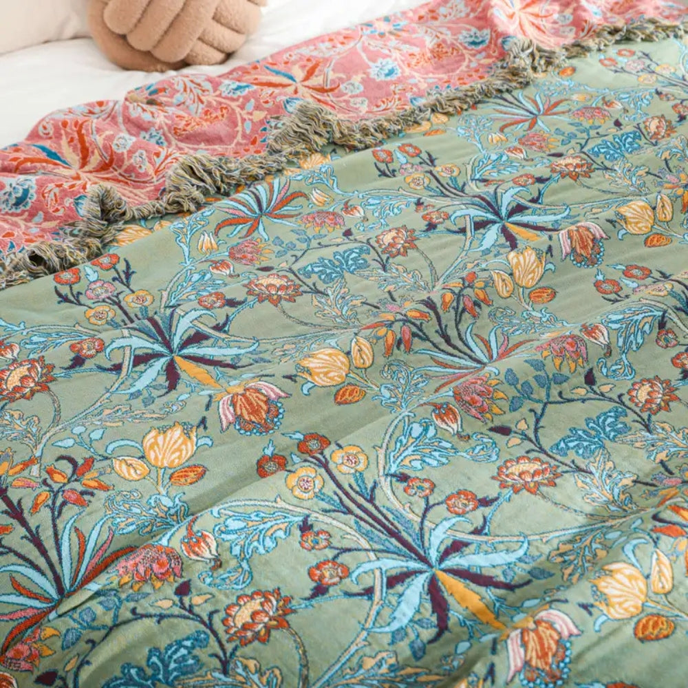 Skanto | Greenery Floral Cotton Tassel Blanket