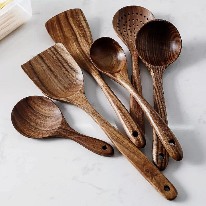 Skanto | TeakChef 7-dels Kjøkkenverktøy Sett – Premium Teak Kjøkkenverktøy for Stil & Funksjonalitet