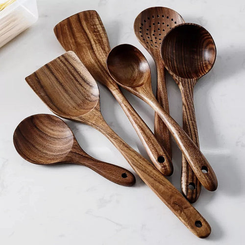 Skanto | TeakChef 7-dels Kjøkkenverktøy Sett – Premium Teak Kjøkkenverktøy for Stil & Funksjonalitet