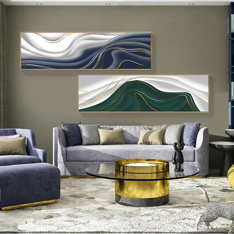 Moderne Abstrakt Grønn Grå Gull Flytende Bånd Veggkunst Fine Art Lærretutskrifter Høy Format Bilder For Stue Foyer Trapp Wall Decor | Skanto