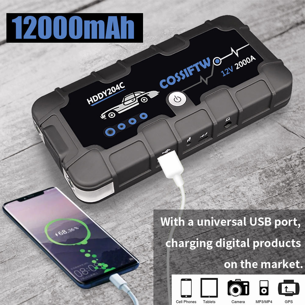 Skanto | 2000A UltraSafe 12V Bilstart – Bærbar Batteribooster med USB-lader og LED-lommelykt – Opptil 6.0L bensin / 3.0L dieselmotorer
