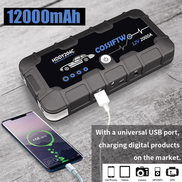 Skanto | 2000A UltraSafe 12V Bilstart – Bærbar Batteribooster med USB-lader og LED-lommelykt – Opptil 6.0L bensin / 3.0L dieselmotorer