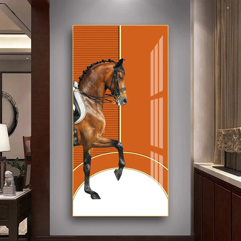 Elegant Ritter Veggkunst Fine Art Lerrettrykk Majestetisk Brunt Hesteportrett på abstrakt oransje bakgrunn for bilder for moderne interiør | Skanto
