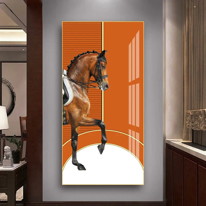 Elegant Ritter Veggkunst Fine Art Lerrettrykk Majestetisk Brunt Hesteportrett på abstrakt oransje bakgrunn for bilder for moderne interiør | Skanto