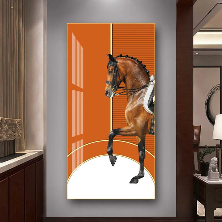 Elegant Ritter Veggkunst Fine Art Lerrettrykk Majestetisk Brunt Hesteportrett på abstrakt oransje bakgrunn for bilder for moderne interiør | Skanto