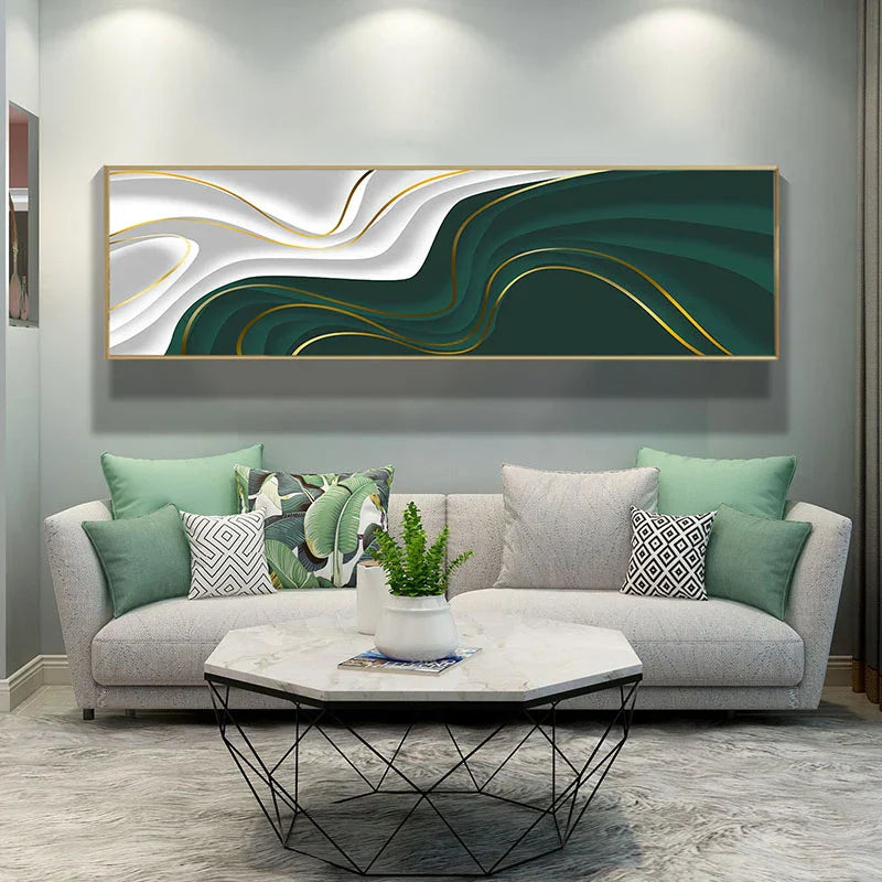 Moderne Abstrakt Grønn Grå Gull Flytende Bånd Veggkunst Fine Art Lærretutskrifter Høy Format Bilder For Stue Foyer Trapp Wall Decor | Skanto