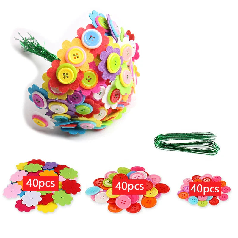 Knapper & Følt Blomsterbukett Håndverkssett - DIY Vase Kunstprosjekt for Barn, Kreativ Aktivitetsgave for Gutter & Jenter