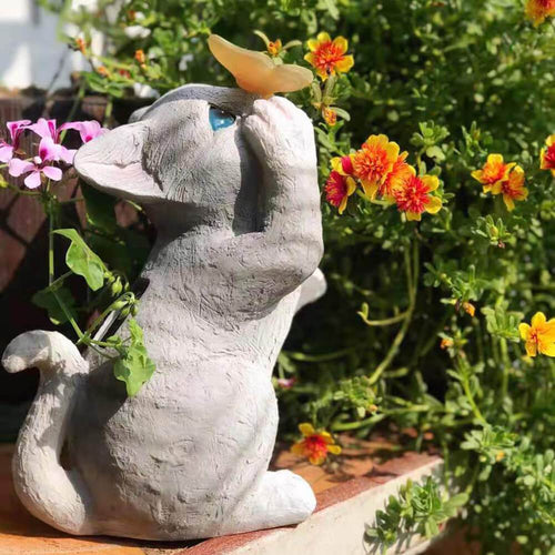 Skanto | SolarPurr Hagebelysning | LED Katt Figur med Sommerfugl | Soldrevet | Værbestandig | Utendørs Dekorasjon