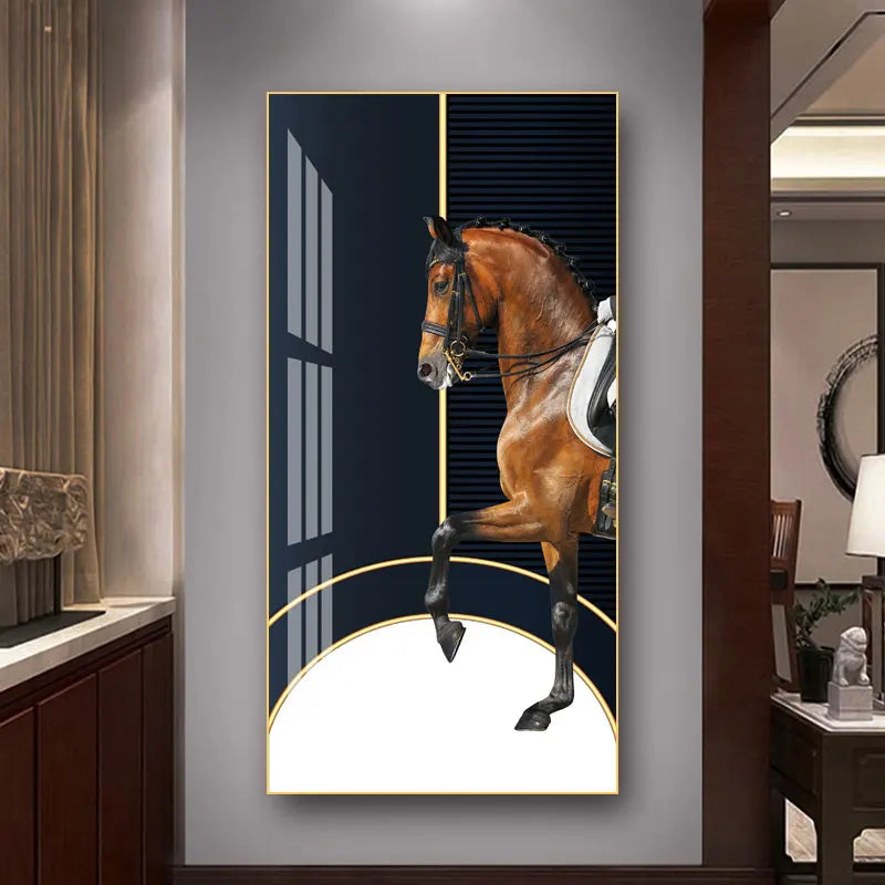 Elegant Ritter Veggkunst Fine Art Lerrettrykk Majestetisk Brunt Hesteportrett på abstrakt oransje bakgrunn for bilder for moderne interiør | Skanto