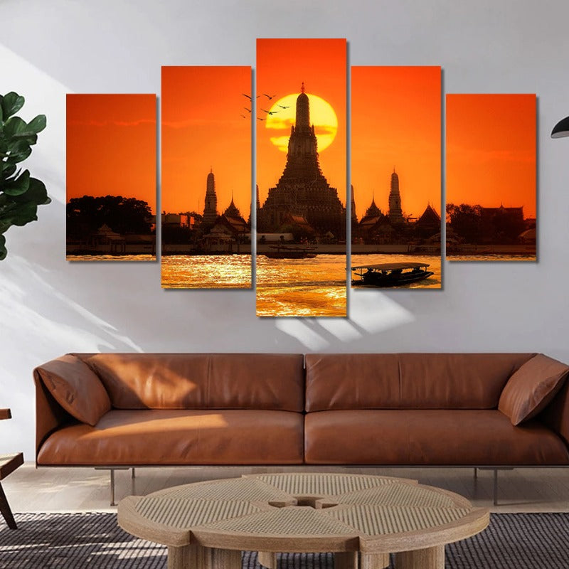 5 Pcs Abstract Sunset Temple Bangkok Thailand - Canvas Wall Art Painting | Skanto