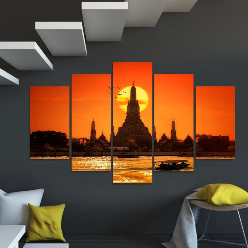 5 Pcs Abstract Sunset Temple Bangkok Thailand - Canvas Wall Art Painting | Skanto