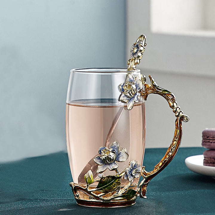 Skanto | Håndlagd emalje blomster glasskrus for par kjærlighetsgave kan servere kaffe, smaksatt te eller til og med sitronsaft i