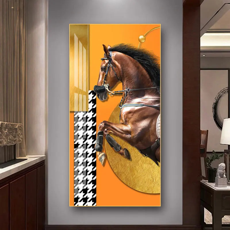 Elegant Ritter Veggkunst Fine Art Lerrettrykk Majestetisk Brunt Hesteportrett på abstrakt oransje bakgrunn for bilder for moderne interiør | Skanto