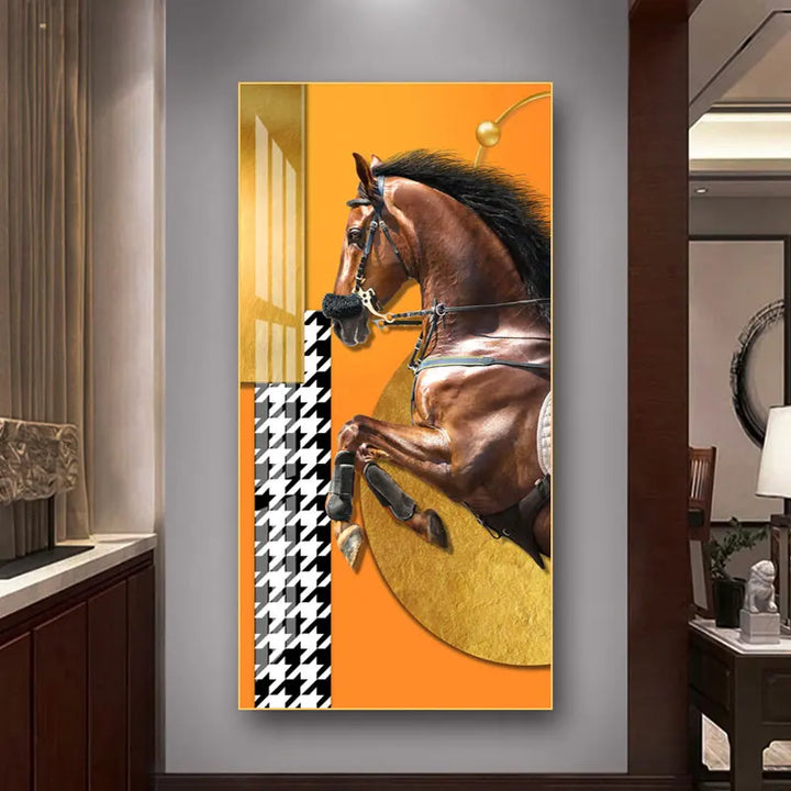 Elegant Ritter Veggkunst Fine Art Lerrettrykk Majestetisk Brunt Hesteportrett på abstrakt oransje bakgrunn for bilder for moderne interiør | Skanto