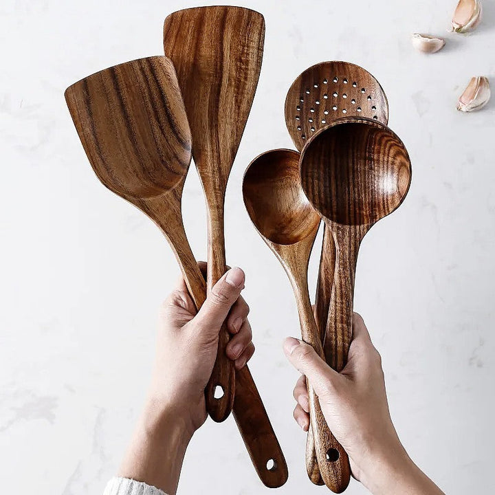 Skanto | TeakChef 7-dels Kjøkkenverktøy Sett – Premium Teak Kjøkkenverktøy for Stil & Funksjonalitet