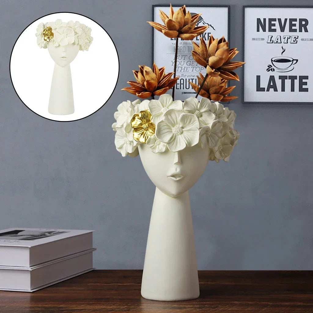 Skanto | Nordisk Jente Hode Blomst Harpiks Vase Statue Blomst Blomster Vaser for Kontor Skrivbord Tørkede Blomster Ornamenter Dekor Beholder