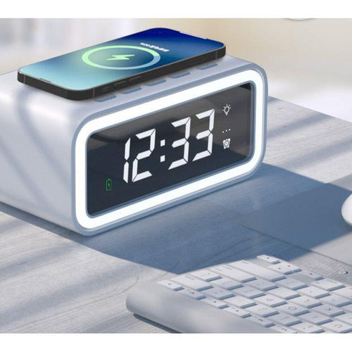 Skanto | MultiTime 2-i-1 Digital Vekkerklokke med Trådløs Qi Lading – LED Display & Snooze Funksjon