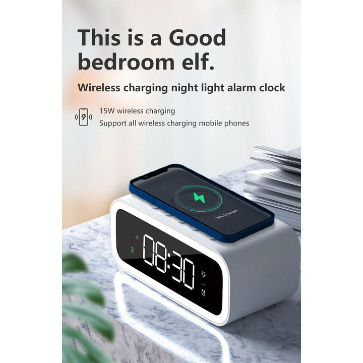 Skanto | MultiTime 2-i-1 Digital Vekkerklokke med Trådløs Qi Lading – LED Display & Snooze Funksjon