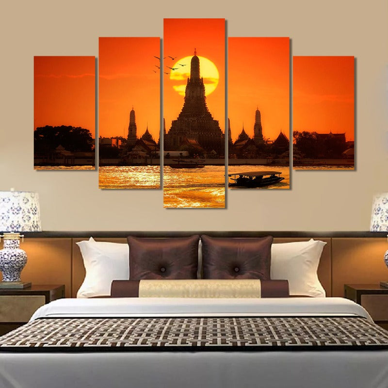 5 Pcs Abstract Sunset Temple Bangkok Thailand - Canvas Wall Art Painting | Skanto