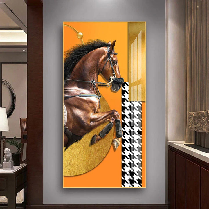 Elegant Ritter Veggkunst Fine Art Lerrettrykk Majestetisk Brunt Hesteportrett på abstrakt oransje bakgrunn for bilder for moderne interiør | Skanto