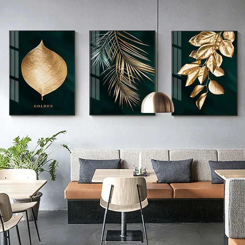 Sett med 3 deler Gyldent blad veggkunst Minimalistisk nordisk tropisk planter Fin kunst lerret trykk bilder for stue spisestue kunst dekor | Skanto