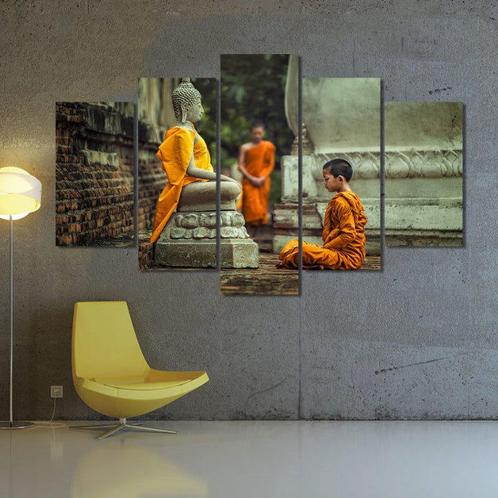 5 Deler Abstrakt Buddhisme Munk i Vipassana Meditasjon - Lærred Veggkunst Maleri | Skanto