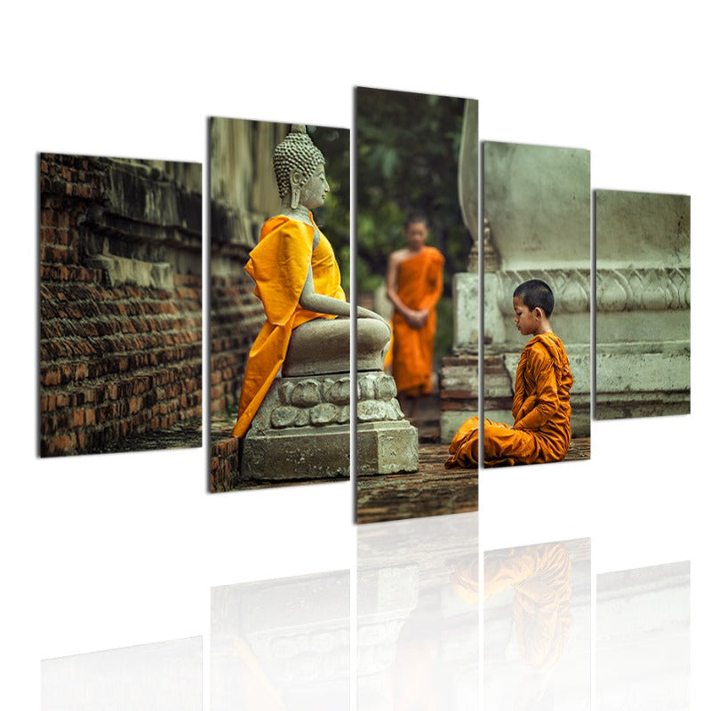 5 Deler Abstrakt Buddhisme Munk i Vipassana Meditasjon - Lærred Veggkunst Maleri | Skanto