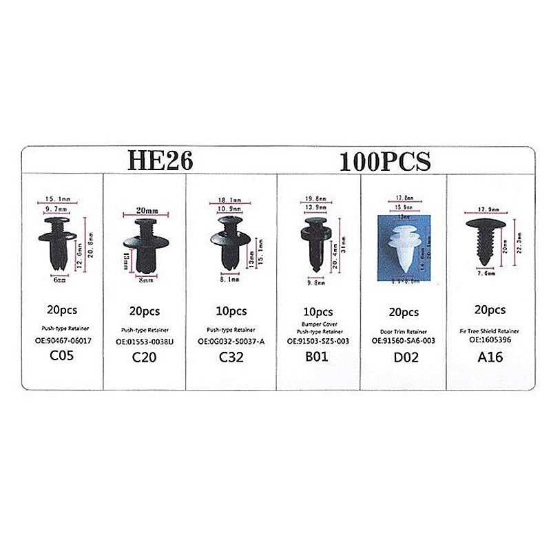 100stk Auto Festepinne Rive Bumper Bil Klips Sett | Skanto