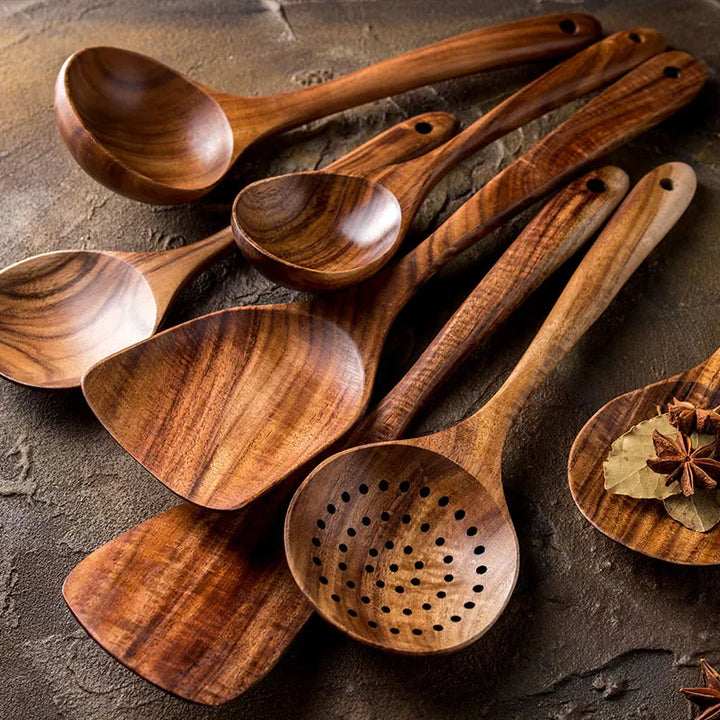 Skanto | TeakChef 7-dels Kjøkkenverktøy Sett – Premium Teak Kjøkkenverktøy for Stil & Funksjonalitet