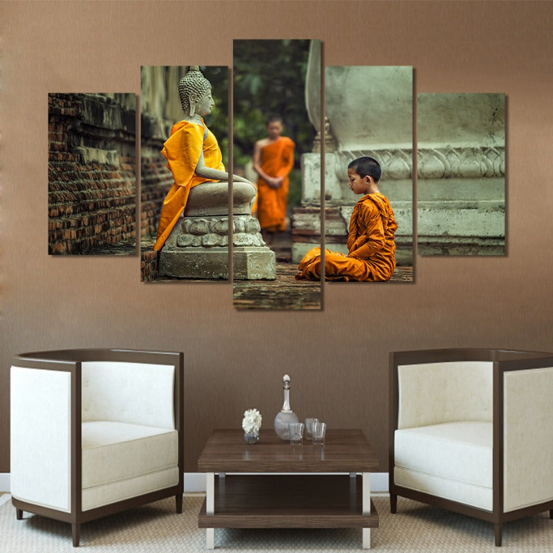 5 Deler Abstrakt Buddhisme Munk i Vipassana Meditasjon - Lærred Veggkunst Maleri | Skanto
