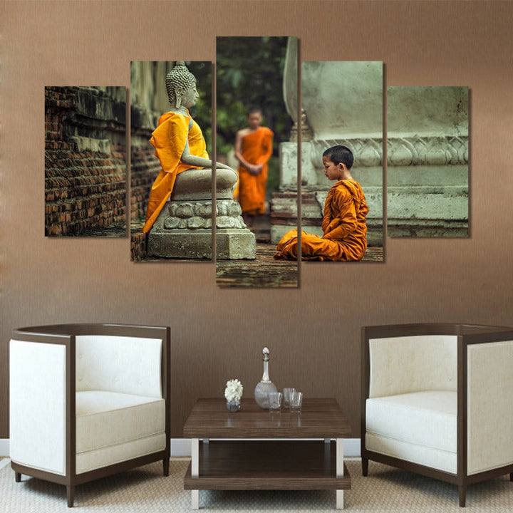 5 Deler Abstrakt Buddhisme Munk i Vipassana Meditasjon - Lærred Veggkunst Maleri | Skanto