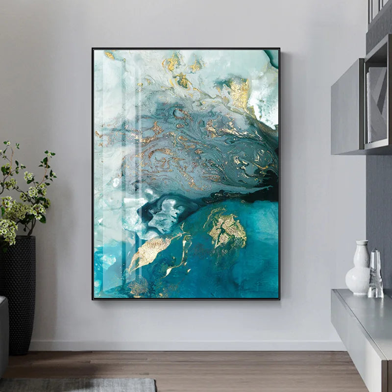 Abstrakt Aqua Blå Grønn Jade Gylden Flytende Marmor Trykk Veggkunst Fine Art Lerret Utskrifter Bilder For Luksus Stue Kunst Dekor | Skanto